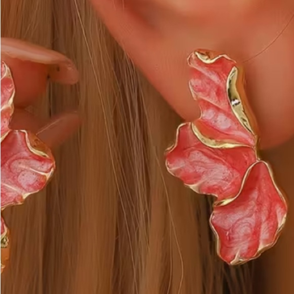 Gold and Pink Floral Earrings with Watercolor Effect